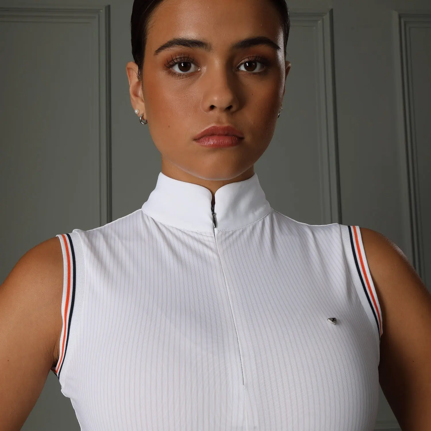 Shires Aubrion Ladies Arcaster Sleeveless Pink Pinstripe Show Shirt - Image 3