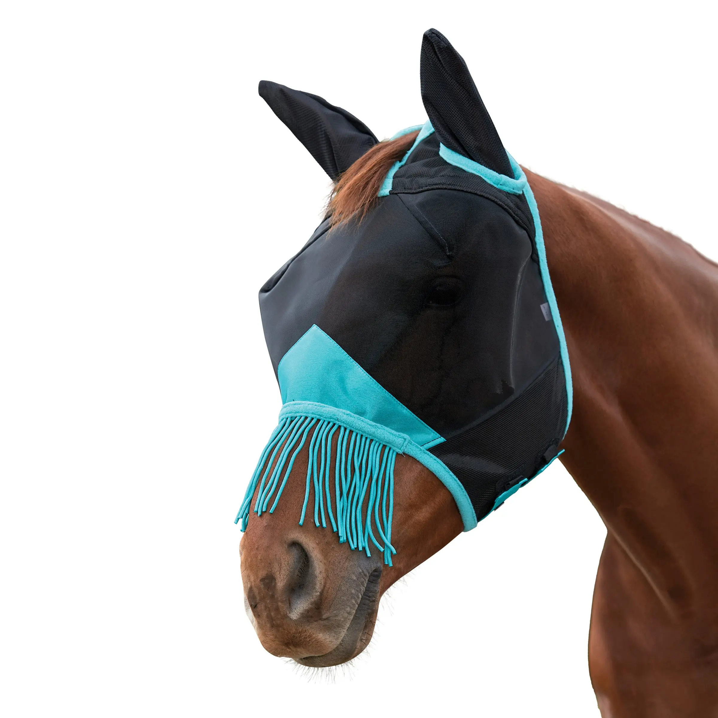 WeatherBeeta Black/Turquoise ComFiTec Deluxe Durable Fine Mesh Mask With Ears & Tassels - Image 2